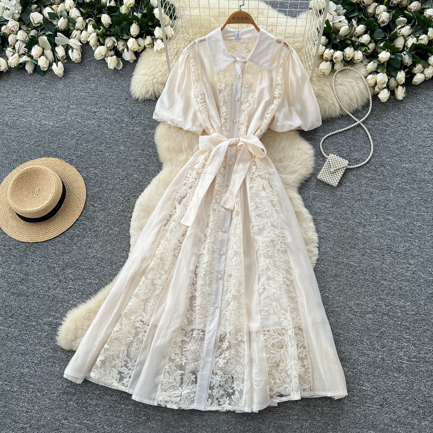 Pink Lace Embroidered A Line Dress High Waist Slim Fit Elegant Style Summer Occasion Wholesale Available
