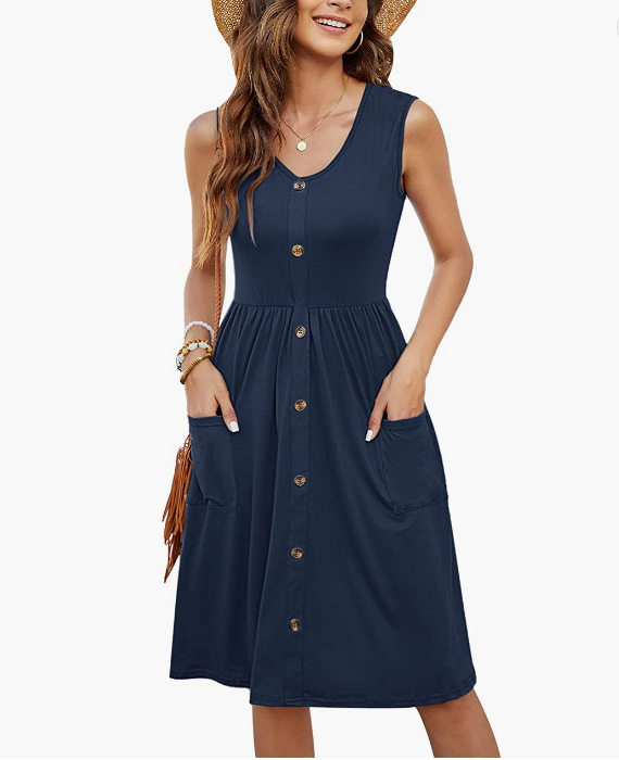 Sleeveless V Neck Dress Solid Color Button Pocket Casual Style Perfect for Summer Events Wholesale Available
