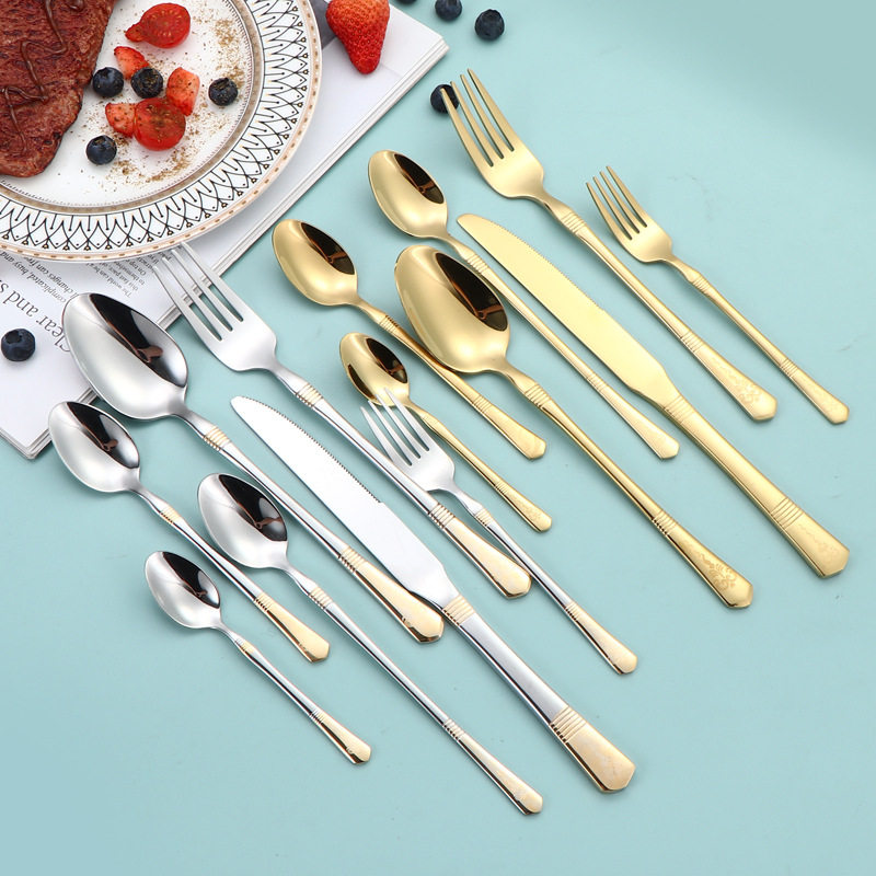 Stainless Steel Crown Vintage Single Line Pattern Knife and Fork Spoon Western Steak Knife and Fork Tableware suit Ice Spoon Coffee Spoon