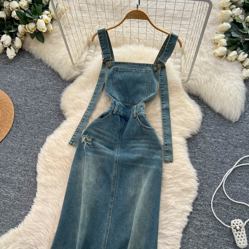 Vintage American Style Denim Overall Dress for Women Distressed Frayed Hem Slim Fit Autumn Casual Wear Wholesale