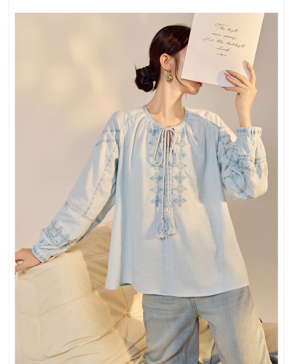 Áo sơ mi nữ linen dài tay thêu họa tiết dáng rộng — Màu trắng be, Màu xanh đậm, Màu xanh lam nhạt