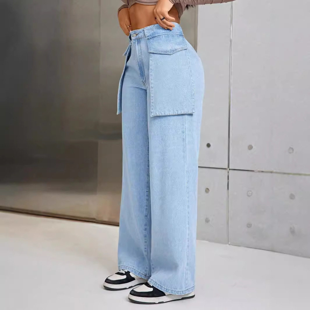 Wide Leg Denim Trousers Casual Style Large Pockets Comfortable Fit Womens Fashion for Everyday Wear Ready to Ship