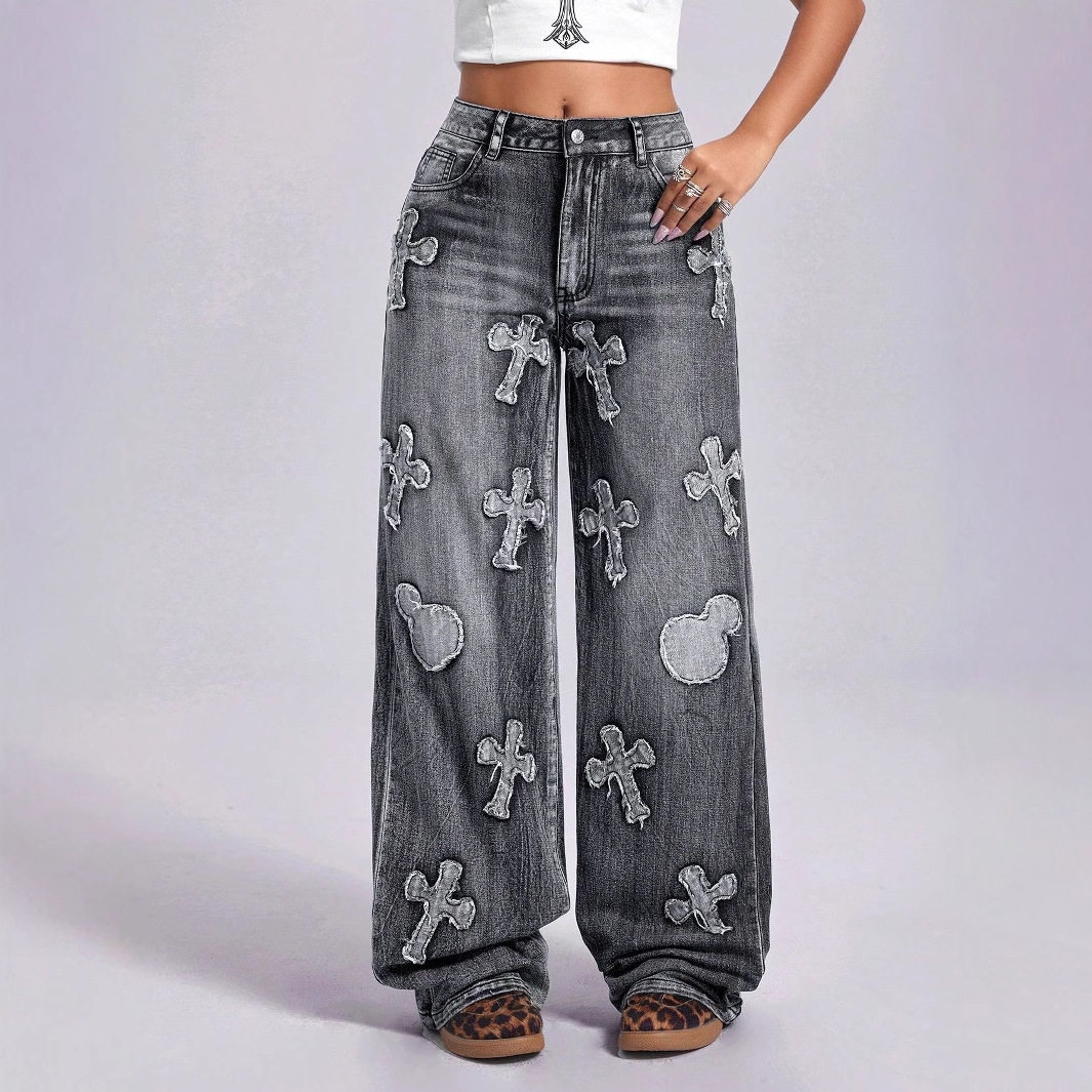 Vintage Embroidered Cross Denim Jeans Womens Straight Leg Retro Style Casual Wear Wholesale Available