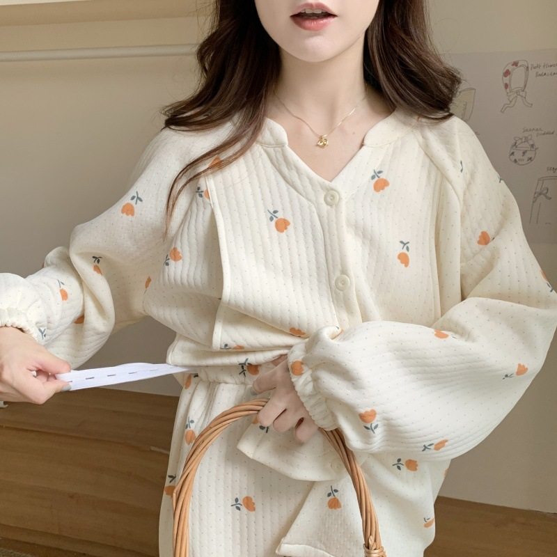 2025 Maternity Autumn and Winter Maternity Clothes Large Size Nursing Pajamas Air Cotton Postpartum Breastfeeding Warm Interlayer Home Clothes