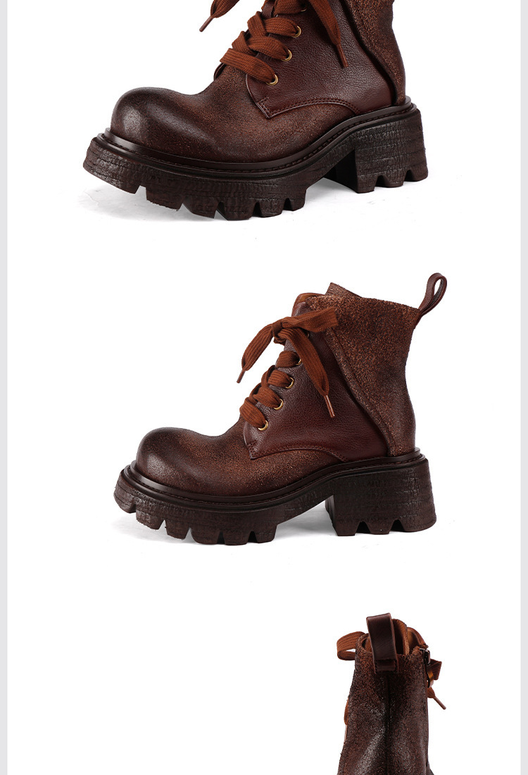 Boot Martin nữ cổ ngắn da bò thật, gót cao 6-8cm, khóa kéo bên hông — màu cà phê