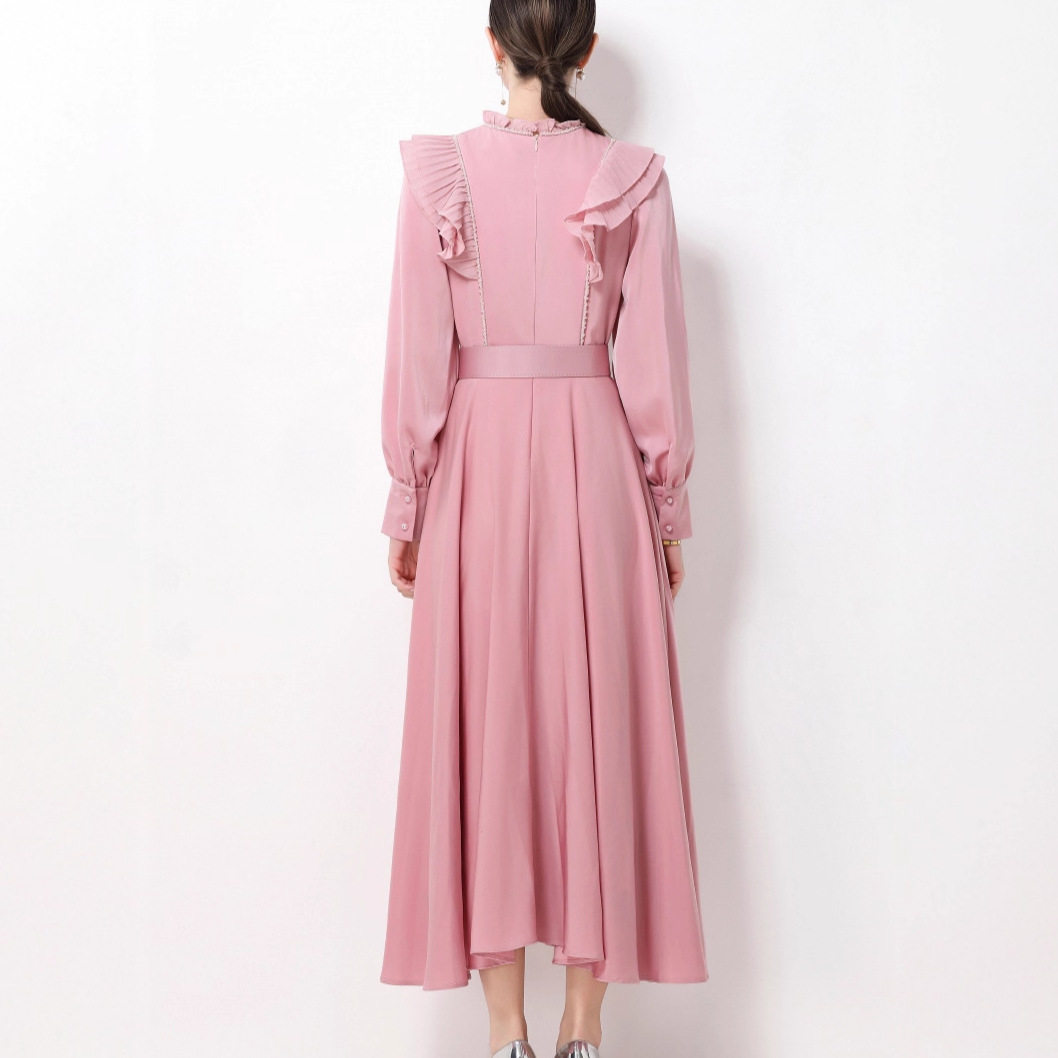 French Elegant Lace Panel Ruffled Hem Maxi Dress for Women Satin Fabric Waist Defining Flattering Fit Evening Wear