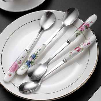 Dessert Spoon, Eating Spoon, Ceramic Handle Spoon, High-Value Spoon, Household Spoon, Hotel Long-Handled Round Spoon