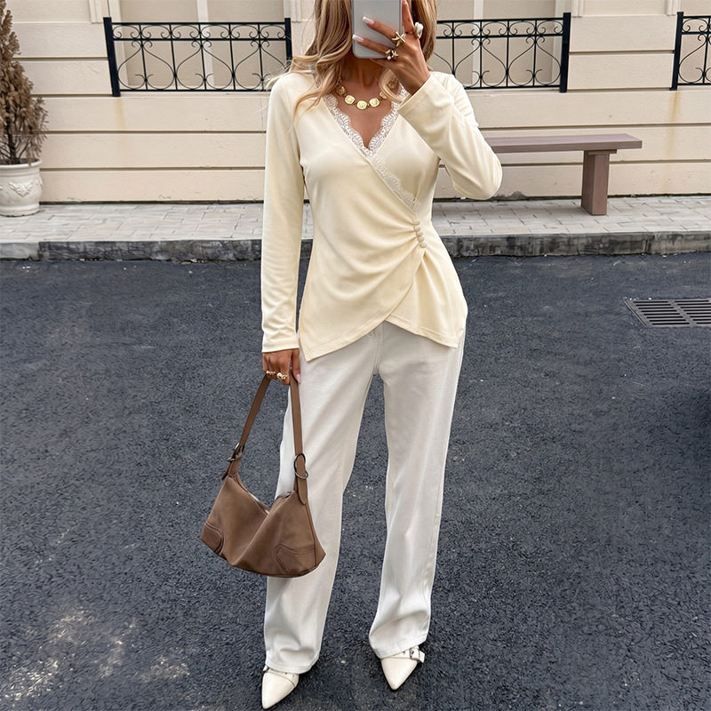 Casual Lace Long Sleeve Top Solid Color V Neck Waist Defined Womens Fashion for Everyday Wear OEM Available