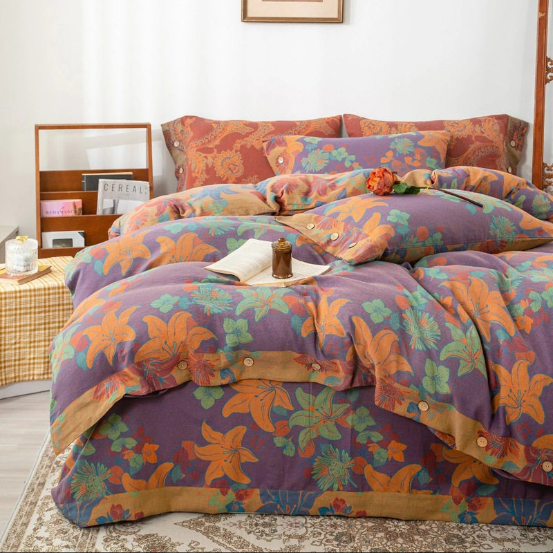 Cotton Pure Cotton Class A Double-layer Yarn Four-piece Set Summer Quilt Bed Sheet Bed Hat Four Seasons Simple Wedding Bedding Naked Sleeping