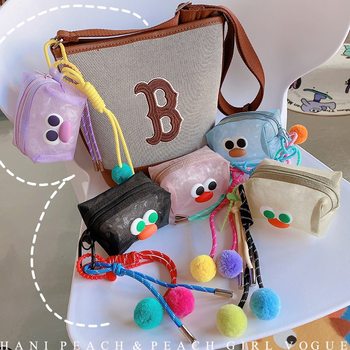HD7287A1 Big Eye Cute Fur Ball Tassel Small Square Bag Coin Purse Cute Cartoon Travel Pack Storage Bag for Women