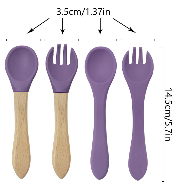 Baby food grade silicone food supplement fork spoon children anti-fall anti-deformation multi-color silicone fork spoon wooden handle fork spoon suit