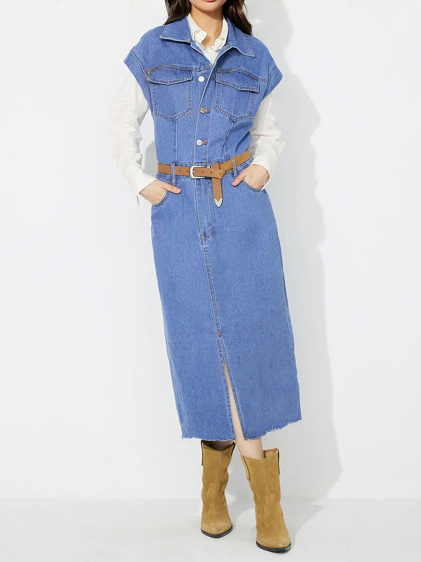 Denim Dress Single Breasted Lapel Collar Fashionable Style Casual Wear for Women Ready to Ship
