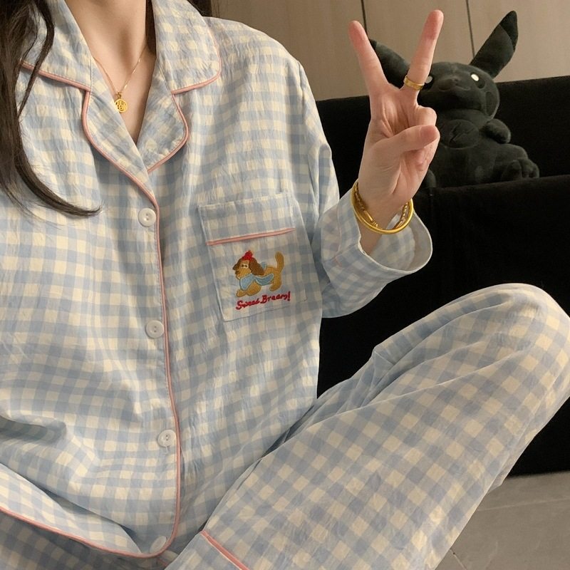 带胸垫大码睡衣女春秋季长袖甜美少女草莓条纹家居服套装现货跨境