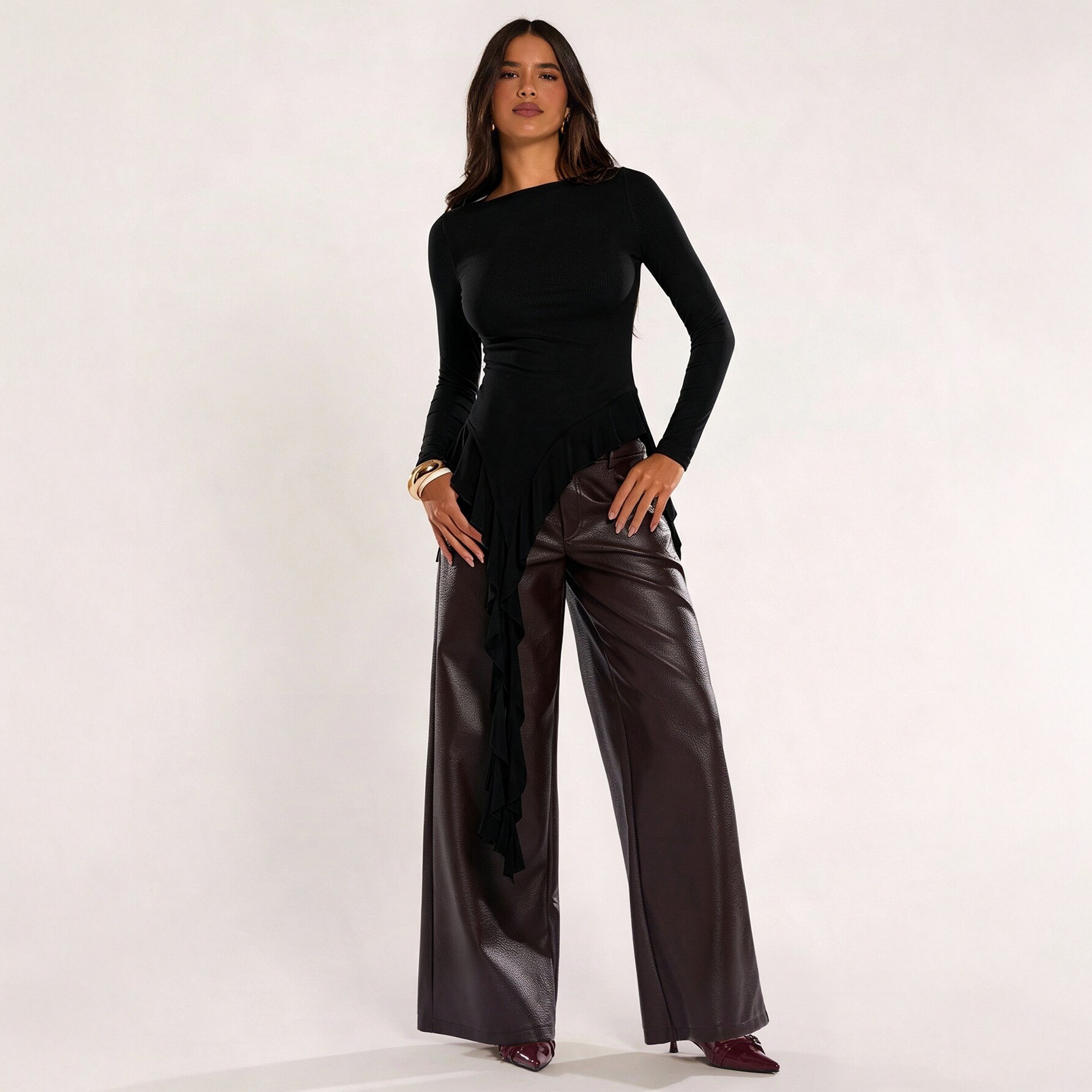 Womens Long Sleeve Top High End Feel Asymmetrical Ruffle Design Off Shoulder Slim Fit Perfect for Casual or Formal