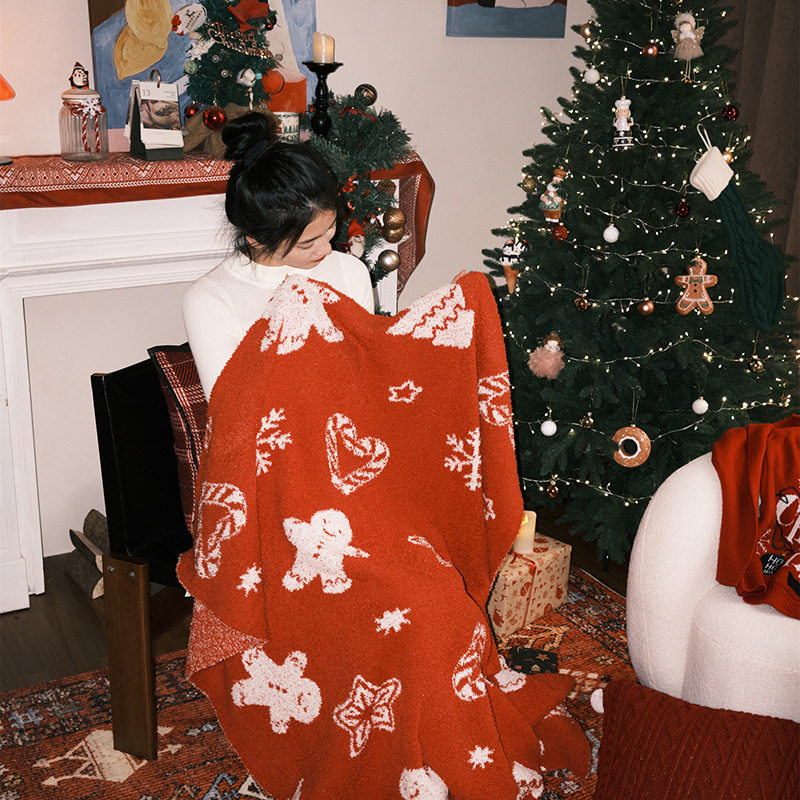 Class a Christmas Half-Velvet Sofa Blanket, Festive Atmosphere Knitted Blanket, Autumn and Winter Plush Nap Blanket