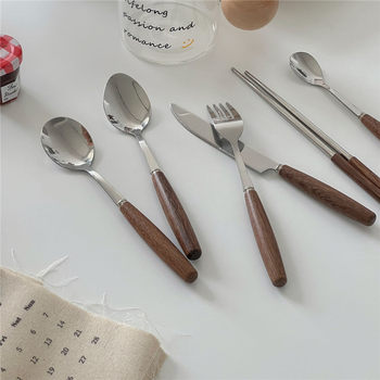 Korean Vintage ins Style Wooden Handle Chopsticks Knife and Fork Spoon Tableware Set Household Rice Spoon Soup Spoon Coffee Spoon