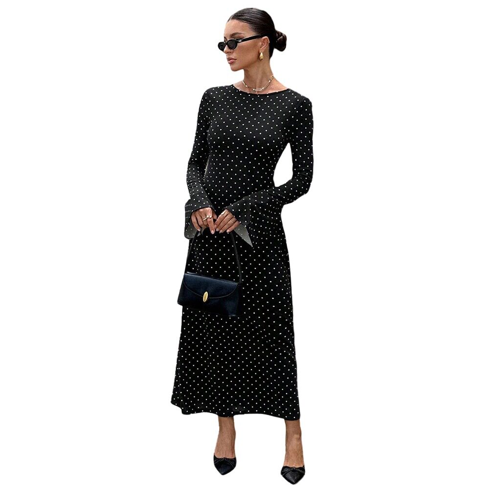 Black Polka Dot Maxi Dress for Women Long Sleeve Open Back Slim Fit Adjustable Tie Spring Summer Occasion