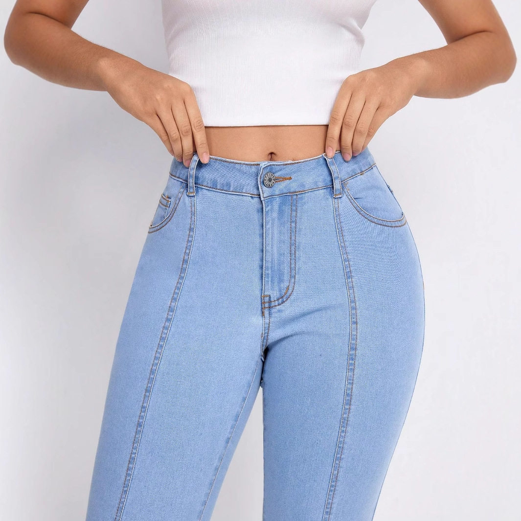High Waisted Slim Fit Blue Denim Jeans Womens Casual Style Perfect for Everyday Wear Wholesale Available