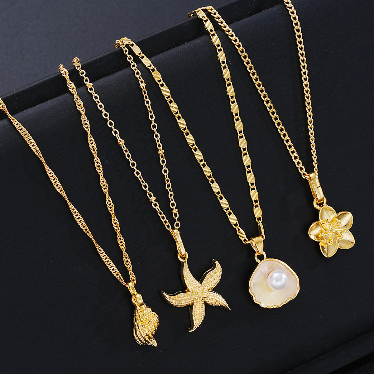 European and American Cross-Border Jewelry Ins Style Starfish Pearl Flower Necklace Set Conch Scallop Flat Snake Chain Necklace Set