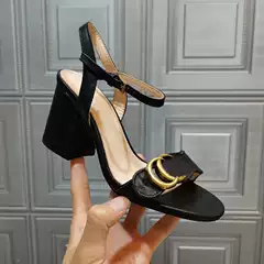 European Style 2025 G-Series Women's Cross-Border New Block-Heel Sandals in Black, Genuine Leather One-Strap High Heels, Large Size Available
