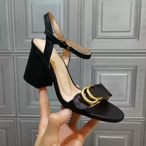 European Style 2025 G-Series Women's Cross-Border New Block-Heel Sandals in Black, Genuine Leather One-Strap High Heels, Large Size Available