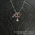 Silver sugar cube-rose diamond double cross necklace