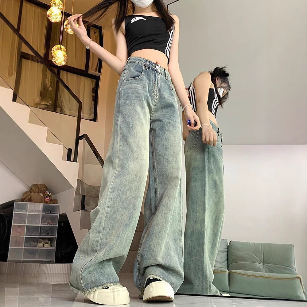 High Waist Loose Fit Vintage Wash Denim Trousers for Women Casual Wide Leg Design Available in Blue and Black Wholesale