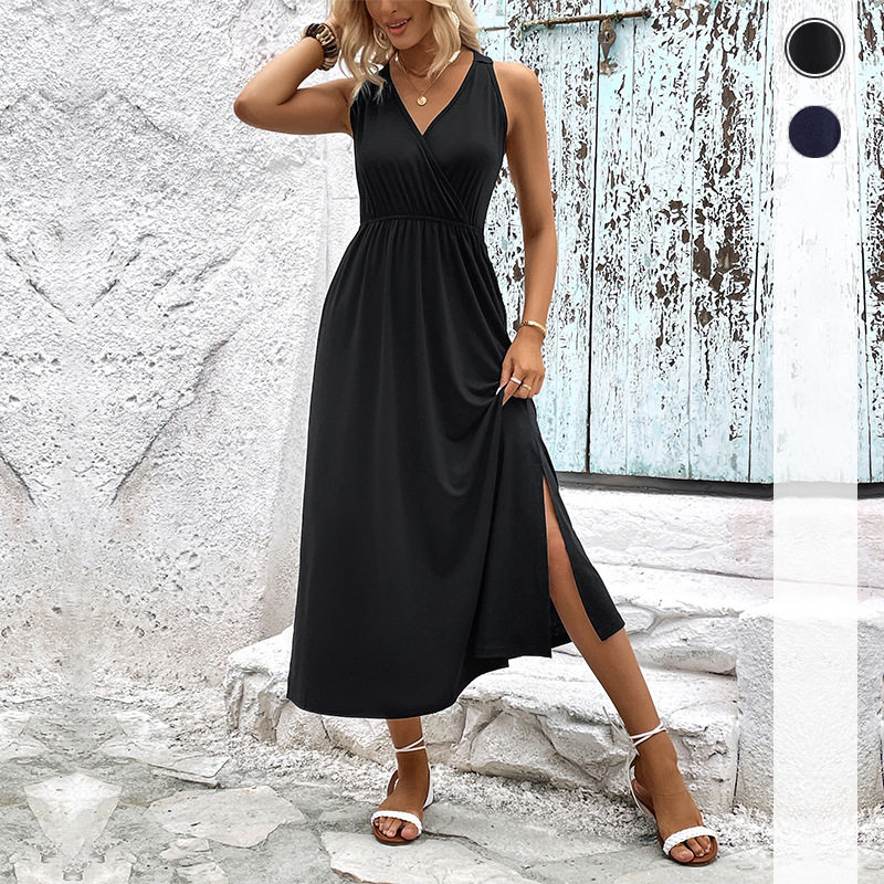 Sleeveless Color Block Dress Summer Casual Style Open Slit Design Lightweight Fabric Wholesale Available