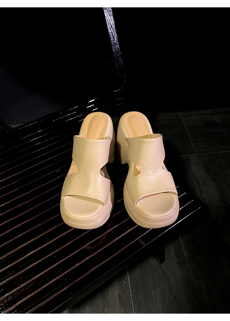 Dép sandal nữ quai ngang đế dày tăng chiều cao 10cm bằng da bò thật — Màu be, Màu trắng ngà