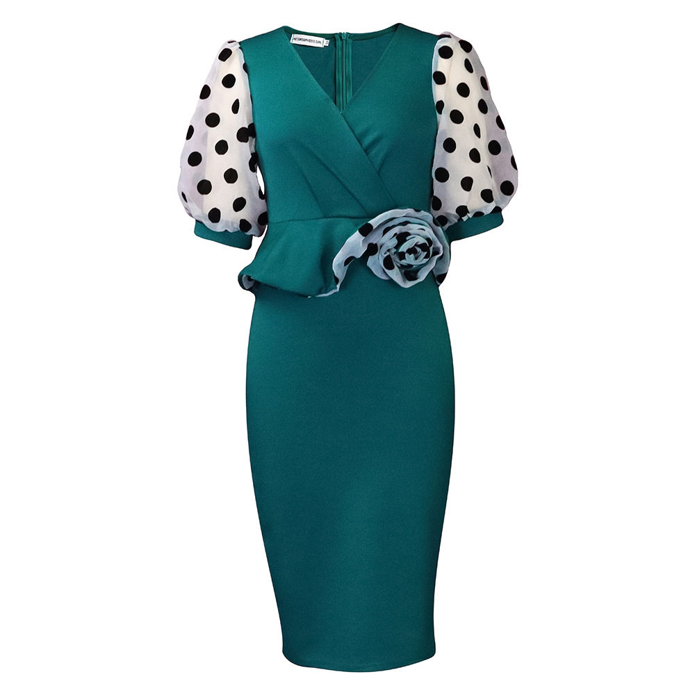 Plus Size Womens Dress Fashionable Polka Dot Mesh Panel V Neck Elegant Style for Parties Wholesale Available