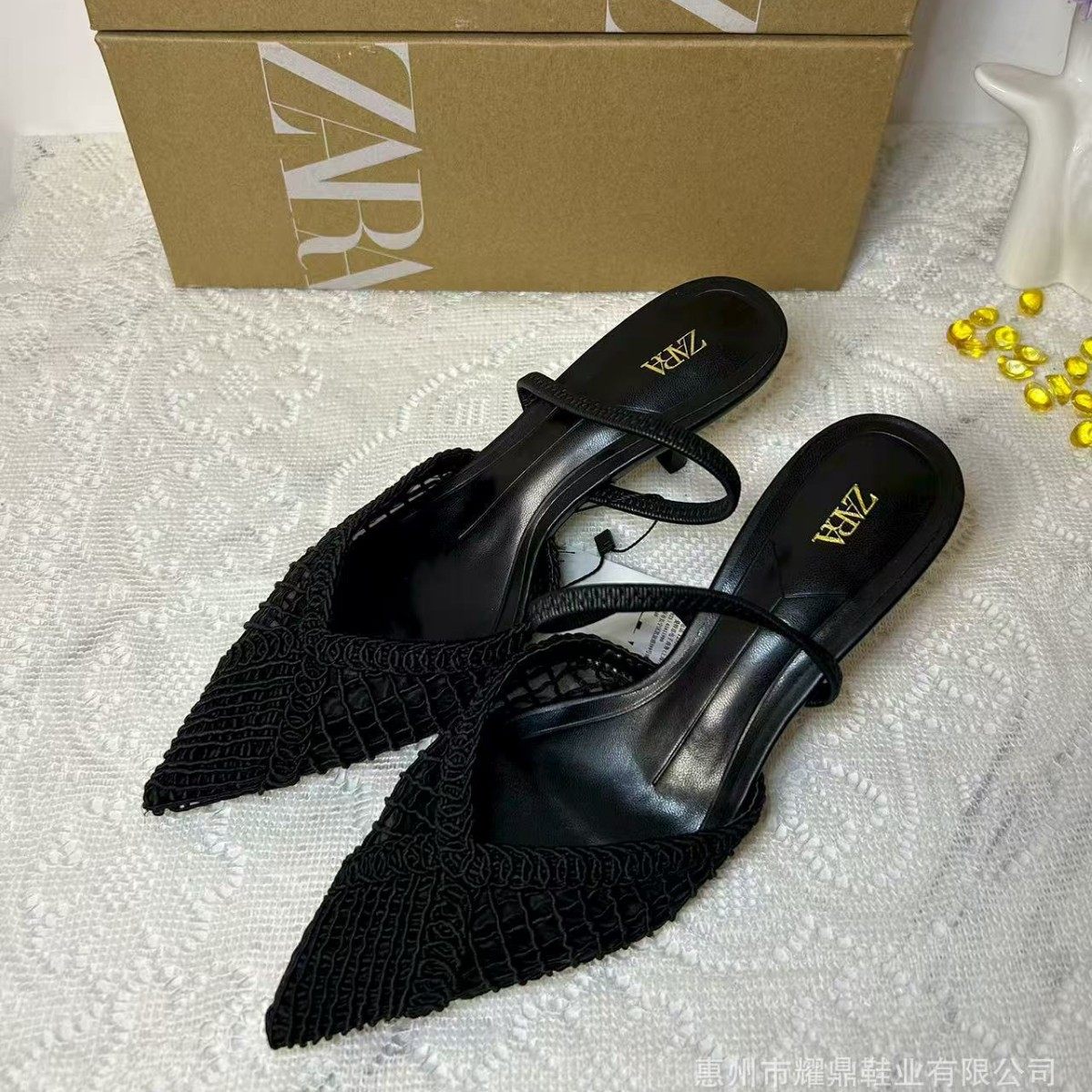 Za2025 New Summer Women's Shoes Pointed Toe Braided Breathable Flats Bottom One-Line Toe Women's Sandals Low Heel Back Strap