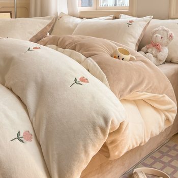 Thickened Pure Color Milk Velvet Three or Four Piece Set, Small Fresh Double Piece Winter Coral Velvet Double Sided Velvet Bed Bed Sheets Set