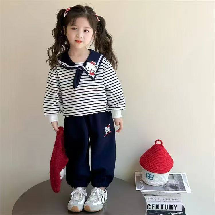 Girls' Autumn Hoodie Set, Kids' Cute Sailor Collar Casual Top, Baby Cartoon Striped Tie Hoodie