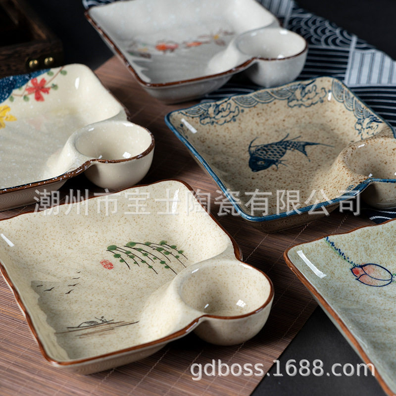 Japanese-Style Hand-Painted Ceramic Dumpling Plate with Vinegar Dish, Square Dumpling Plate, Household Sushi Plate, French Fries Plate, Chinese Trendy Style