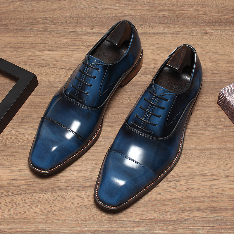 Giày Oxford nam da bò thật đánh màu thủ công, giày công sở dự tiệc — Xanh ngọc lam, màu đen, Màu đỏ rượu, Màu nâu vàng