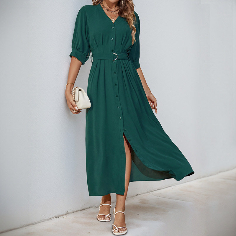 Summer Shirt Dress V Neck Tie Waist Mid Sleeve Green Casual Wear for Women Wholesale Available