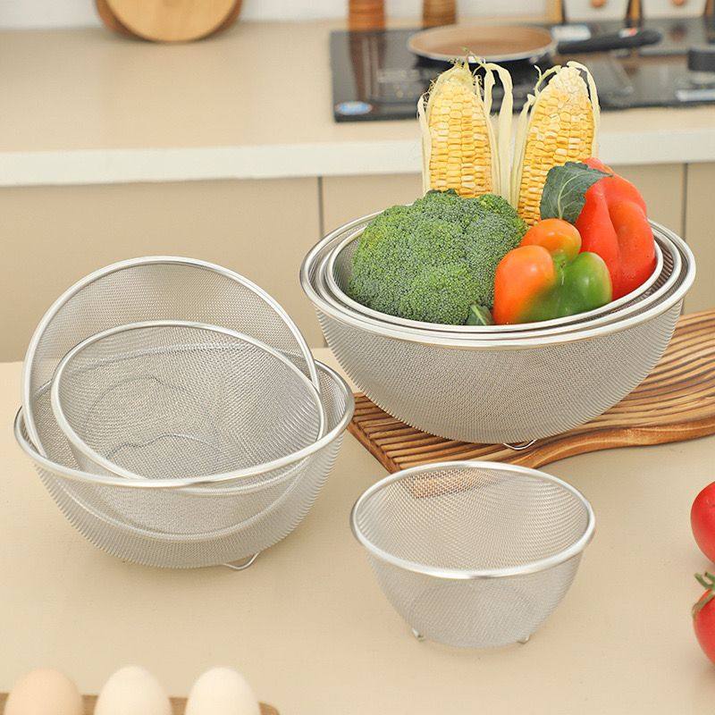 304 Stainless Steel Rice Sieve Colander Vegetable Washing Basin Fruit Basket Draining Basket Kitchen Rice Washing Basin Rice Washing Tool