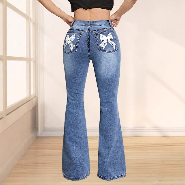 Trendy Womens Denim Pants Bow Tie Print Casual Style Comfortable Fit Wholesale Available customizable