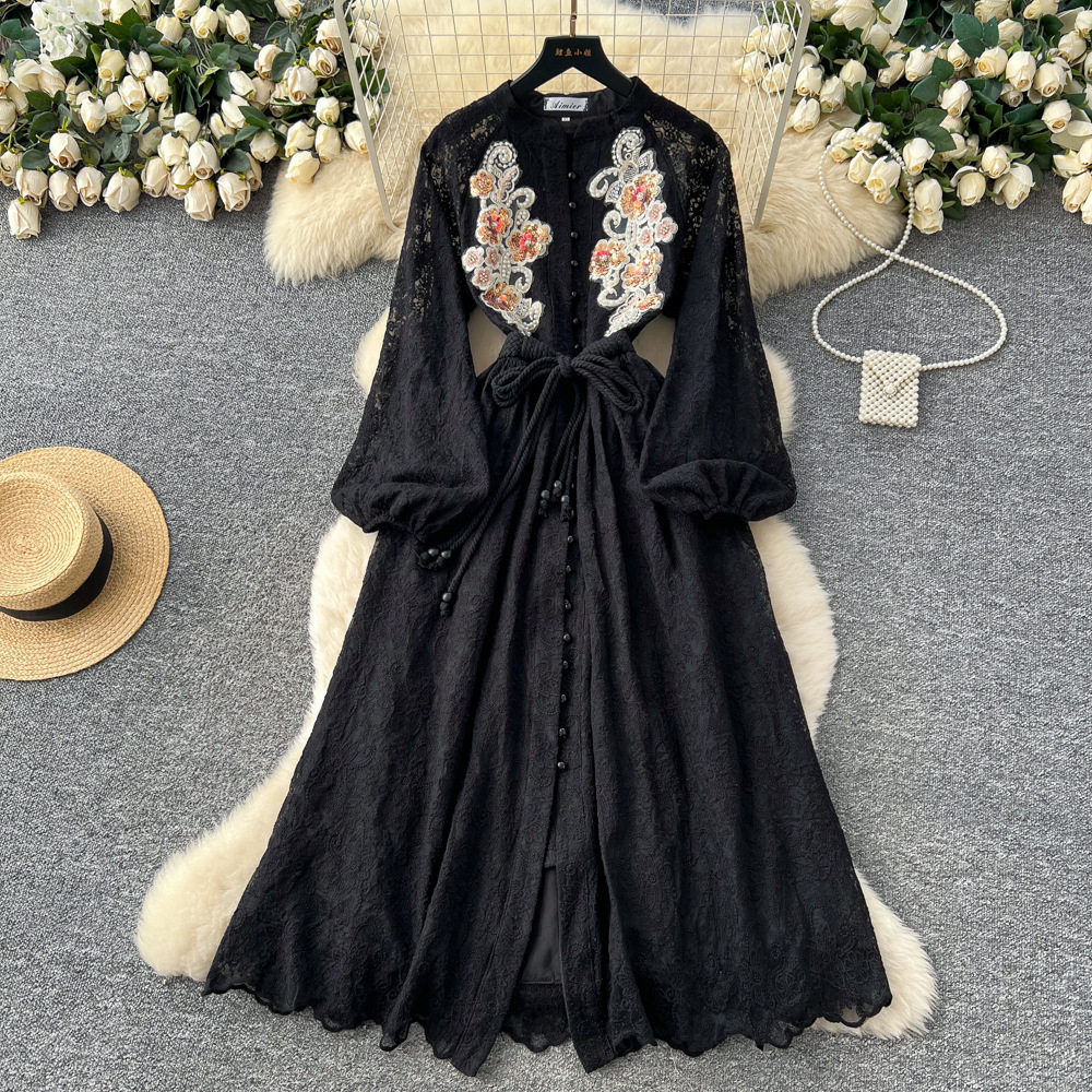 French Vintage Beaded Sequin Embroidered Waist Tie Lantern Sleeve Dress Elegant Long Dress for Autumn Wholesale Available
