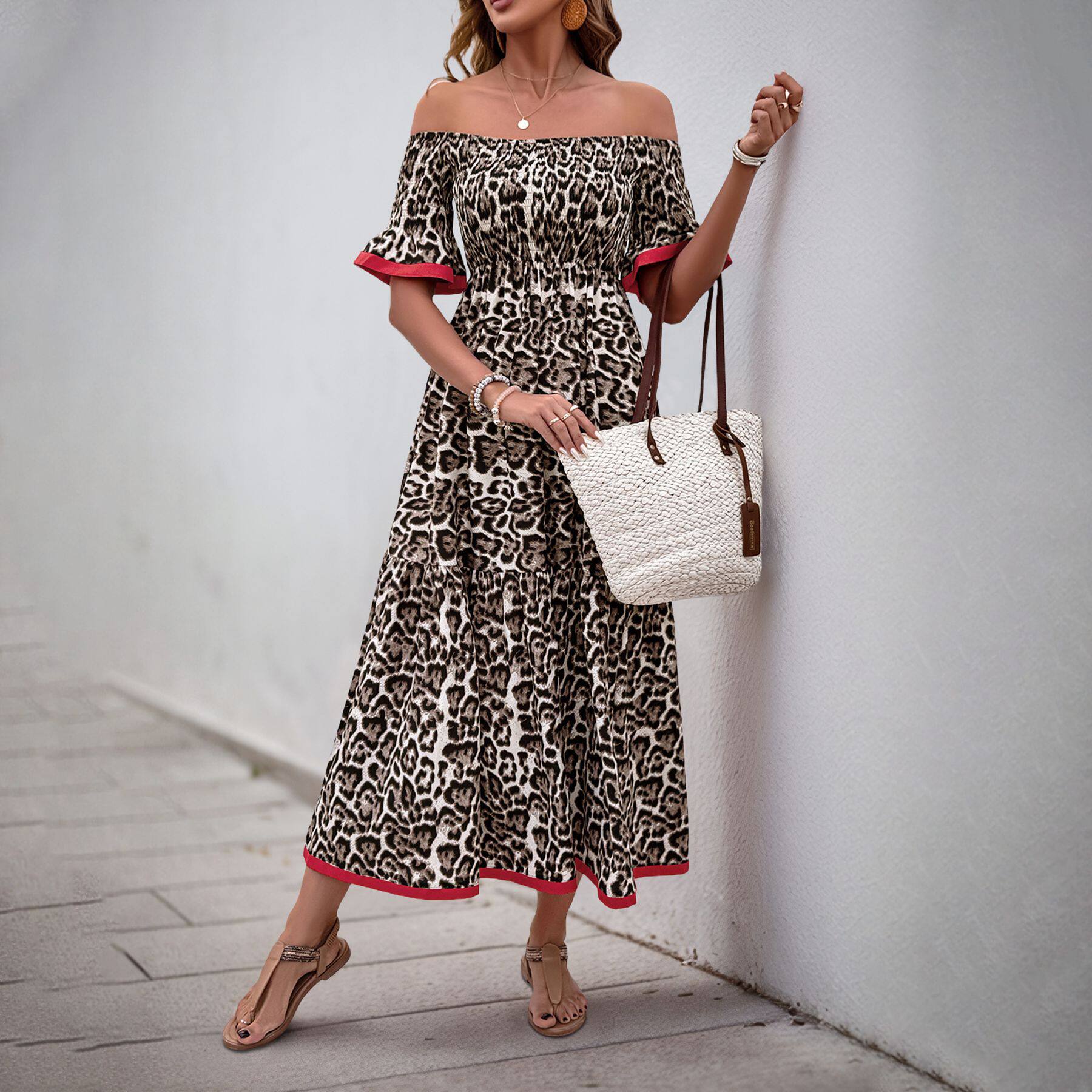Vintage Off Shoulder Leopard Print Dress Ruffled Sleeves Elegant Style Perfect for Parties Wholesale Available
