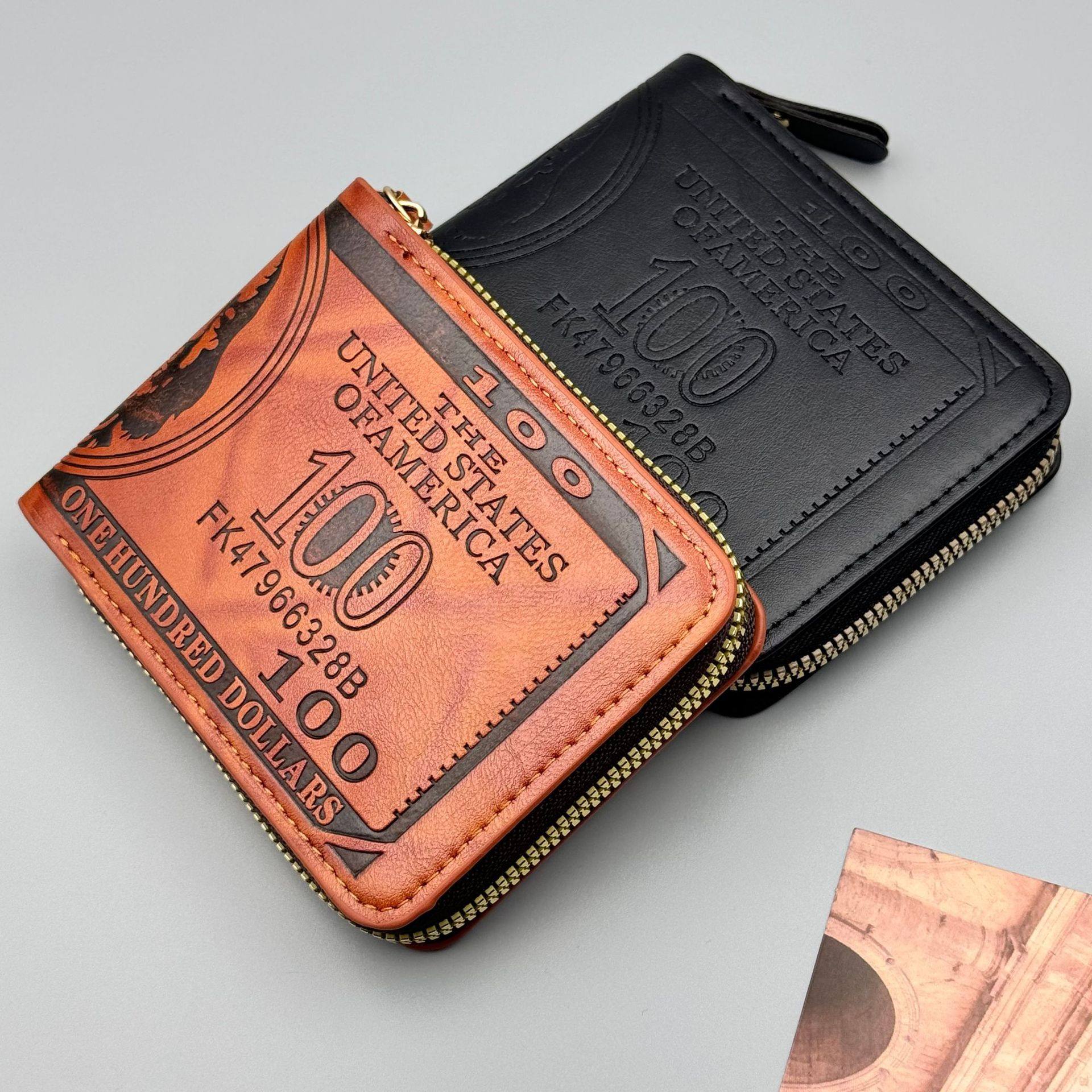 Factory direct men's wallet retro printed dollar short zipper bag Amazon cross-border explosions ultra light coin purse