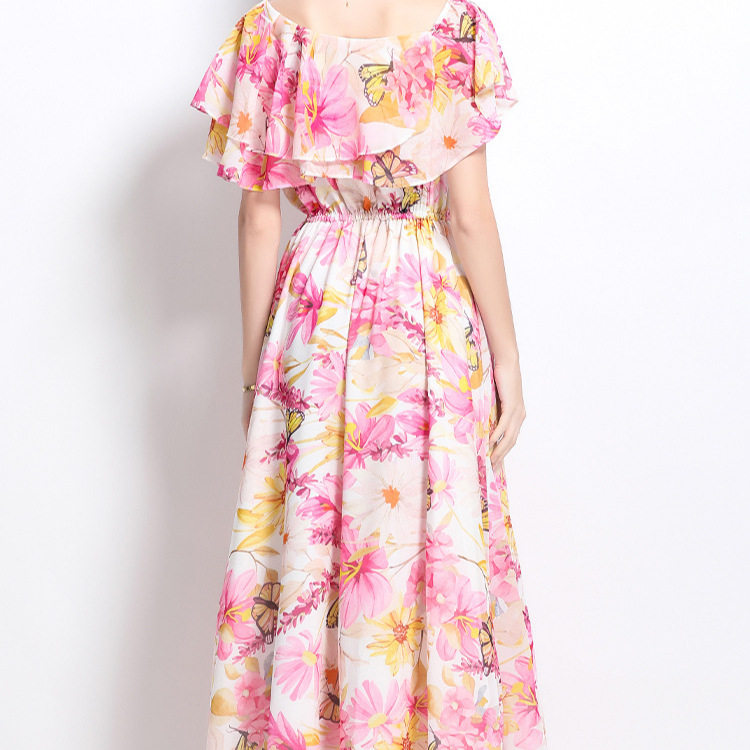 Floral Chiffon Maxi Dress for Women Off Shoulder Ruffled Hem Waist Defined Elegant Style Perfect for Spring