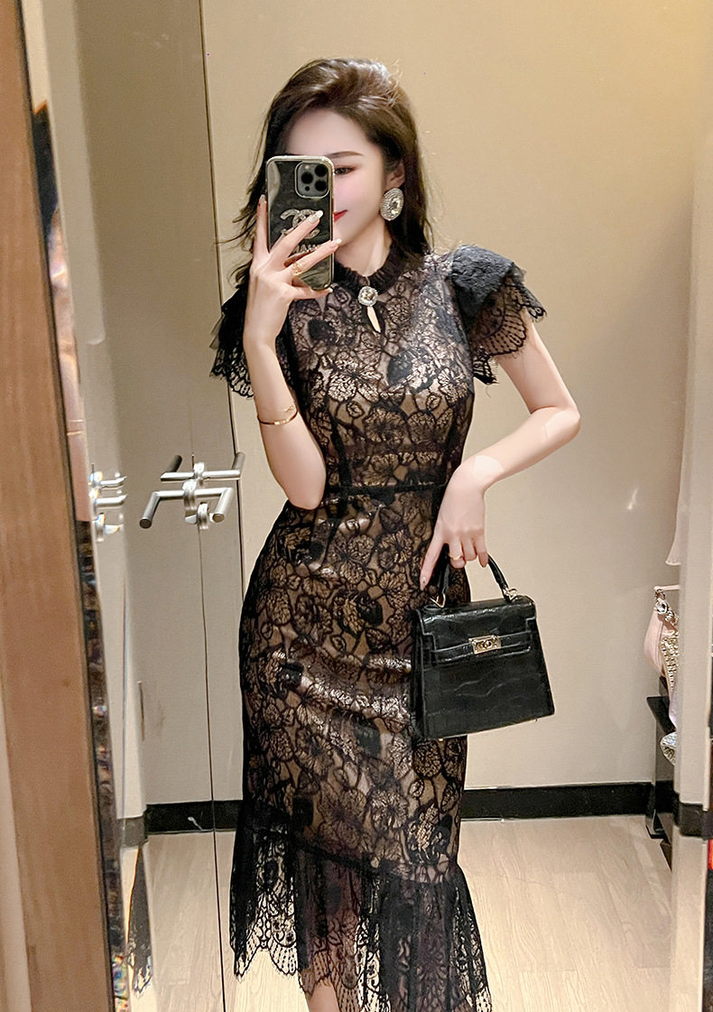Đầm ôm body nữ ren xuyên thấu kiểu sườn xám Trung Hoa tay ngắn — [Đen Champagne] chi tiết 4