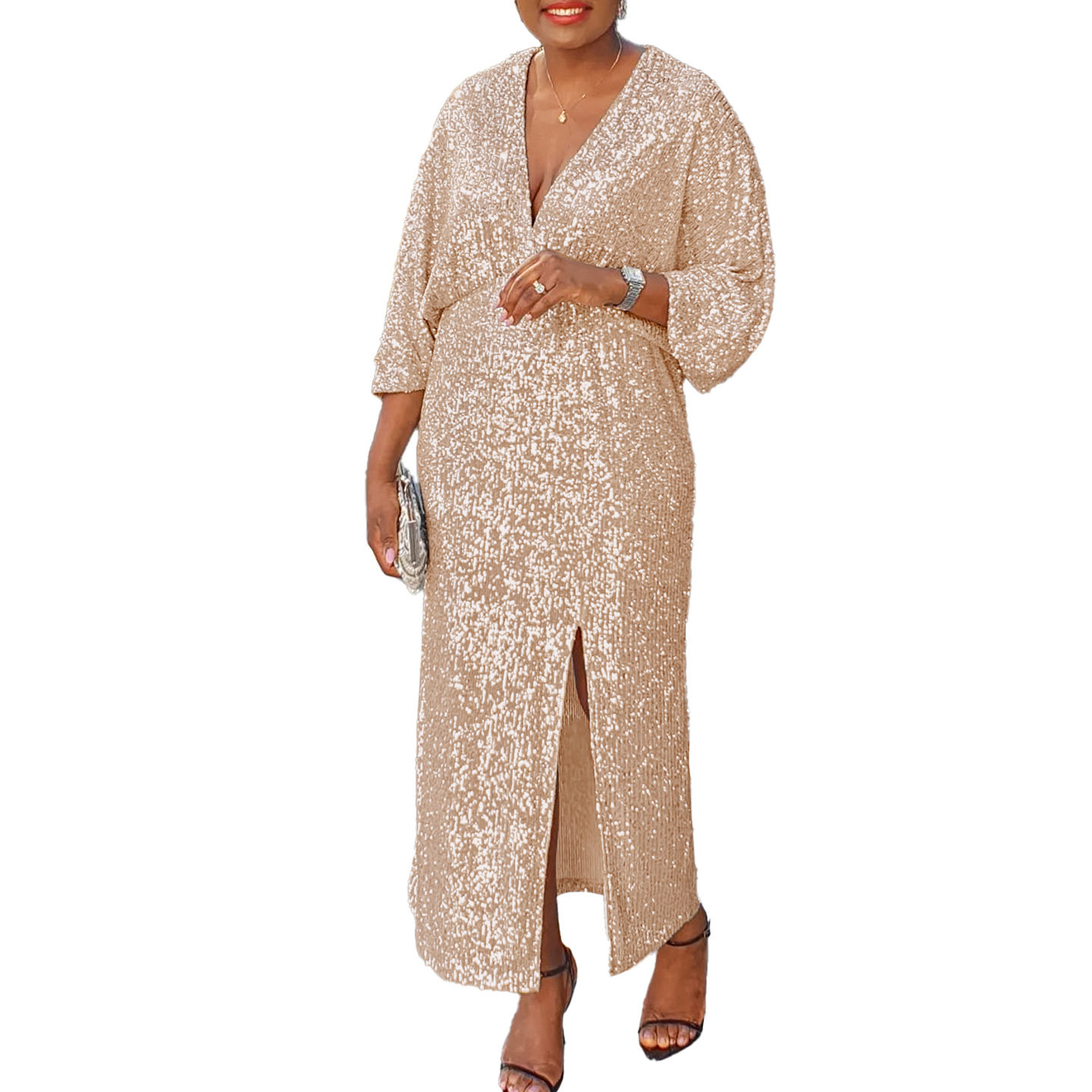 Plus Size Womens Long Dress Loose Fit V Neck Fashionable Sequins Side Slit Autumn Collection Wholesale Available