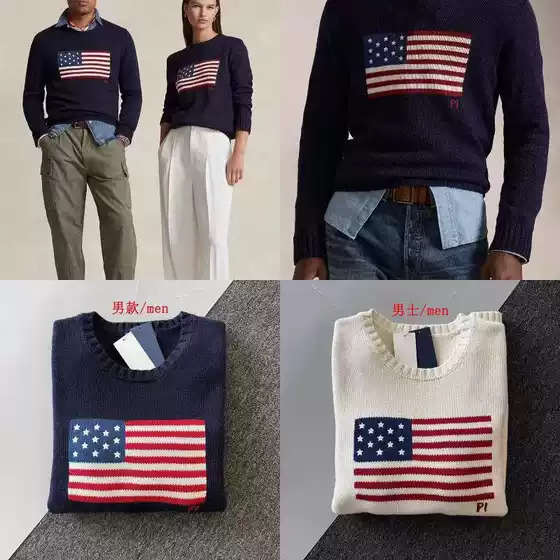2026 New Model Rl American Star Flag Blue Sweater Imported Cotton Knitwear Unisex College Style Top