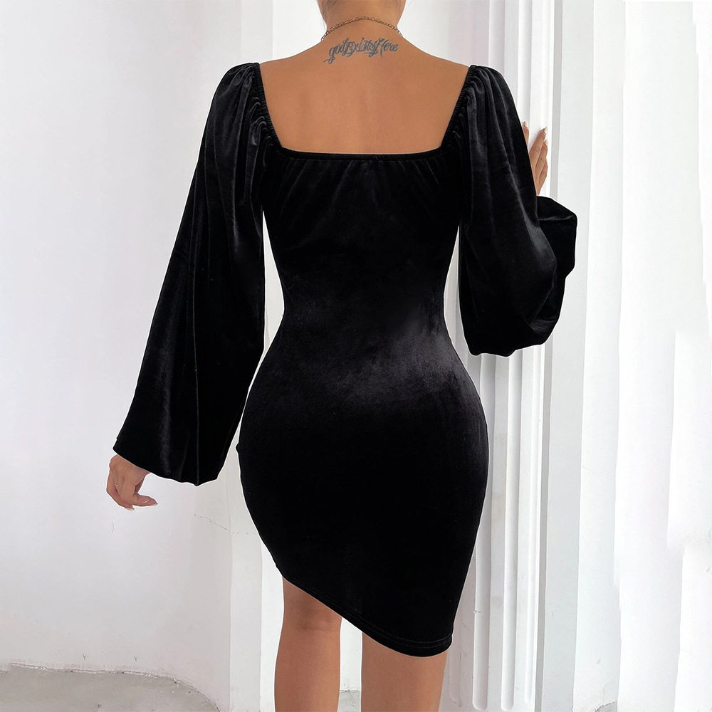 Velvet Bodycon Dress Sexy Hollow Out Design Slim Fit Puff Sleeves Elegant Style Perfect for Parties and Events