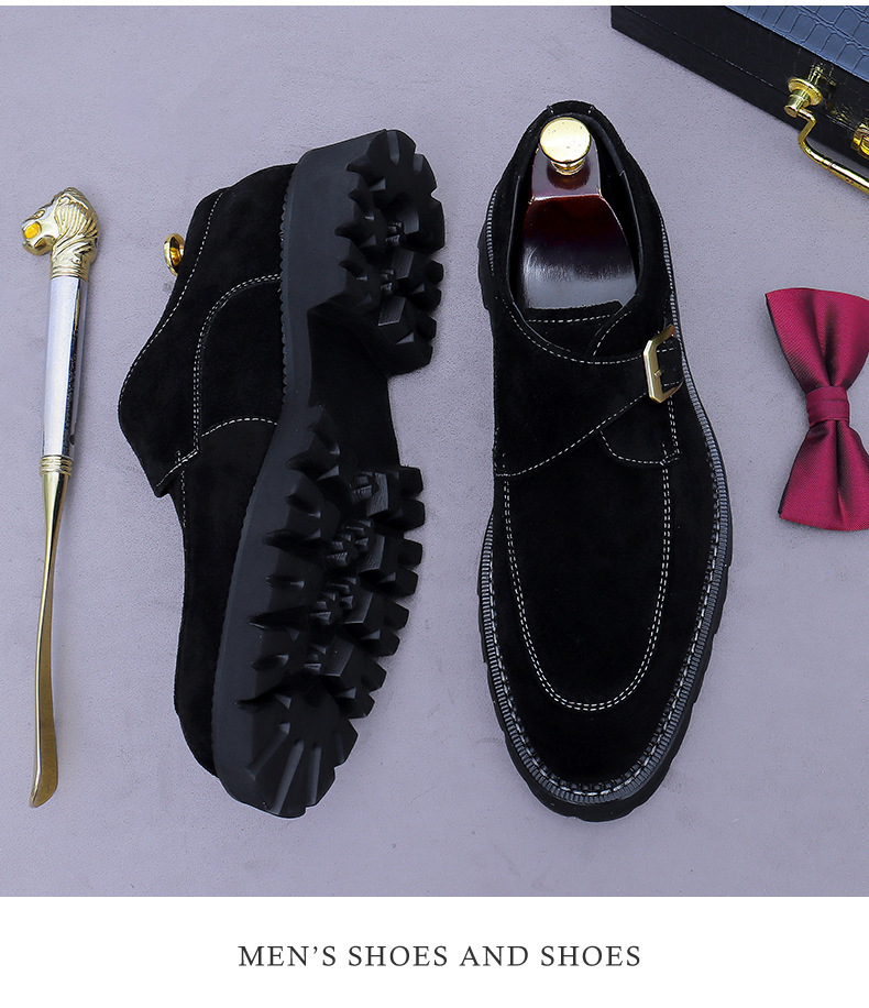 Giày loafer nam da bò lộn mũi tròn khóa cổ điển đế dày tăng chiều cao — đen, màu nâu mocha