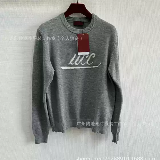 Correct Version 24ss G Family Grey Letter Jacquard Crewneck Sweater Handwritten Logo Intarsia for Men and Women