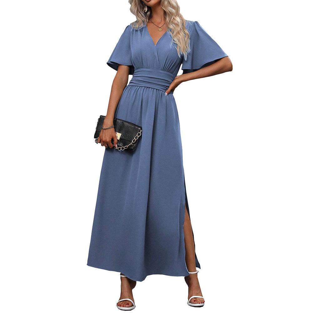 Elegant Deep V Neck Long Dress Side Slits Ruched Waist Flowy Fabric Spring Summer Occasion Wholesale Available