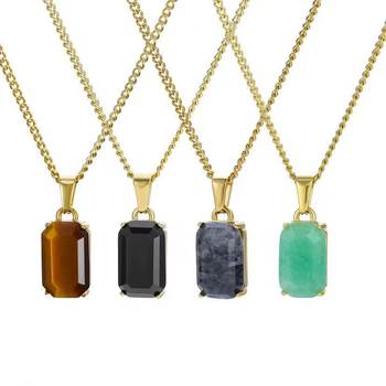 Cross-border Men's Jewelry Stainless Steel Zircon Pendant Geometric Rectangular Pendant Stacked Cuban Chain Necklace